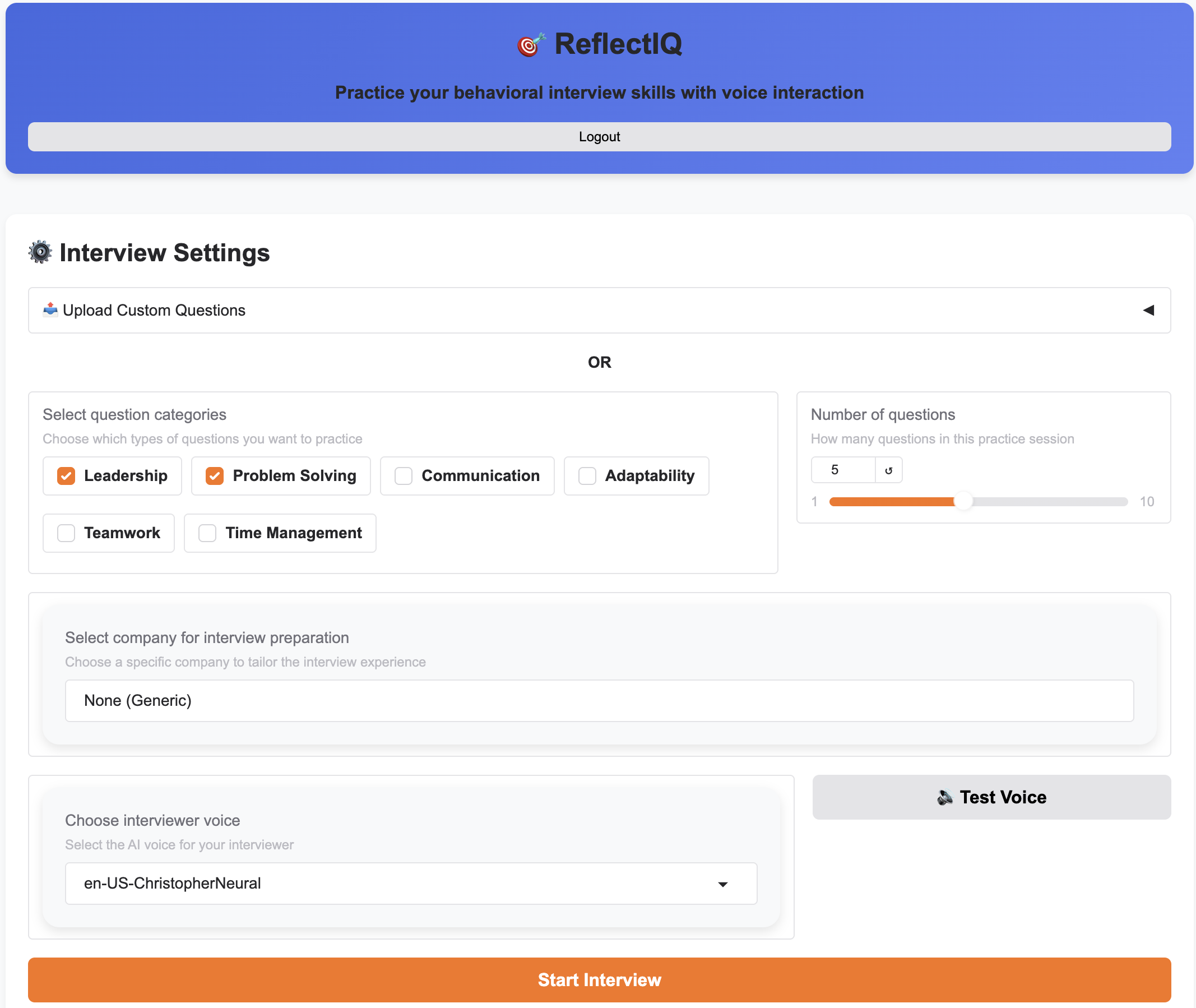 ReflectIQ Behavioral Interview Preparation Tool Interface